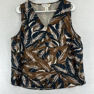 C&C California Women’s Top / Blouse Sz XL Navy/Brown/Tan Tropical Print Lyocell